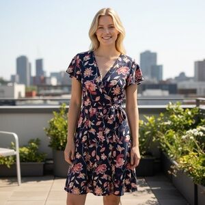 Loft Outlet blue and pink button front floral dress with a matching tie belt